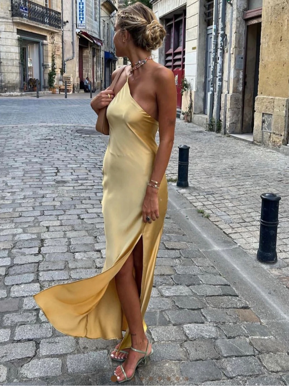 Commense One-Shoulder Satin Slip Dress in Pale Yellow- NEVER WORN